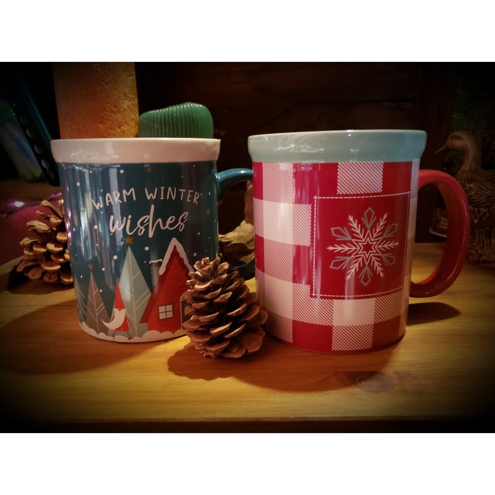 16oz Christmas Coffee Mug Set Warm Winter Wishes Snowflakes & Plaid - Nw/oT